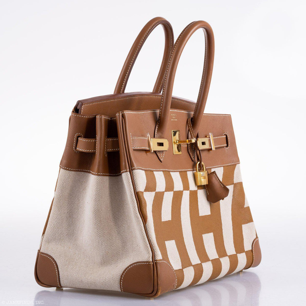 Vintage Hermes Birkin 35 Gold Courchevel with Painted Ulysses Toile Canvas & Gold Hardware