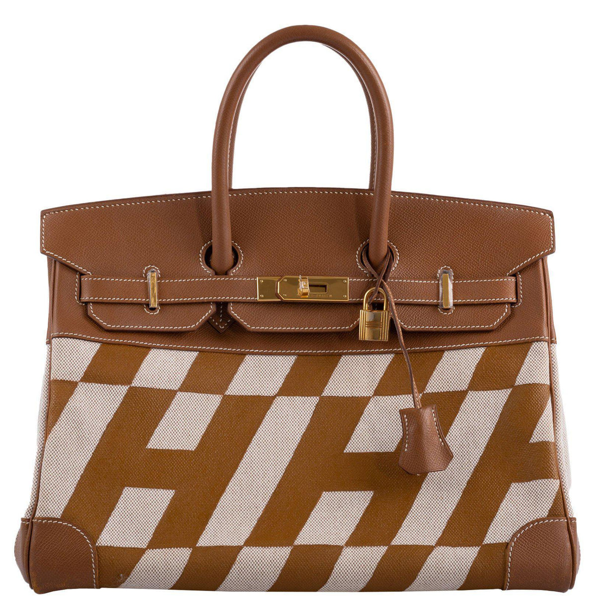 Vintage Hermes Birkin 35 Gold Courchevel with Painted Ulysses Toile Canvas & Gold Hardware