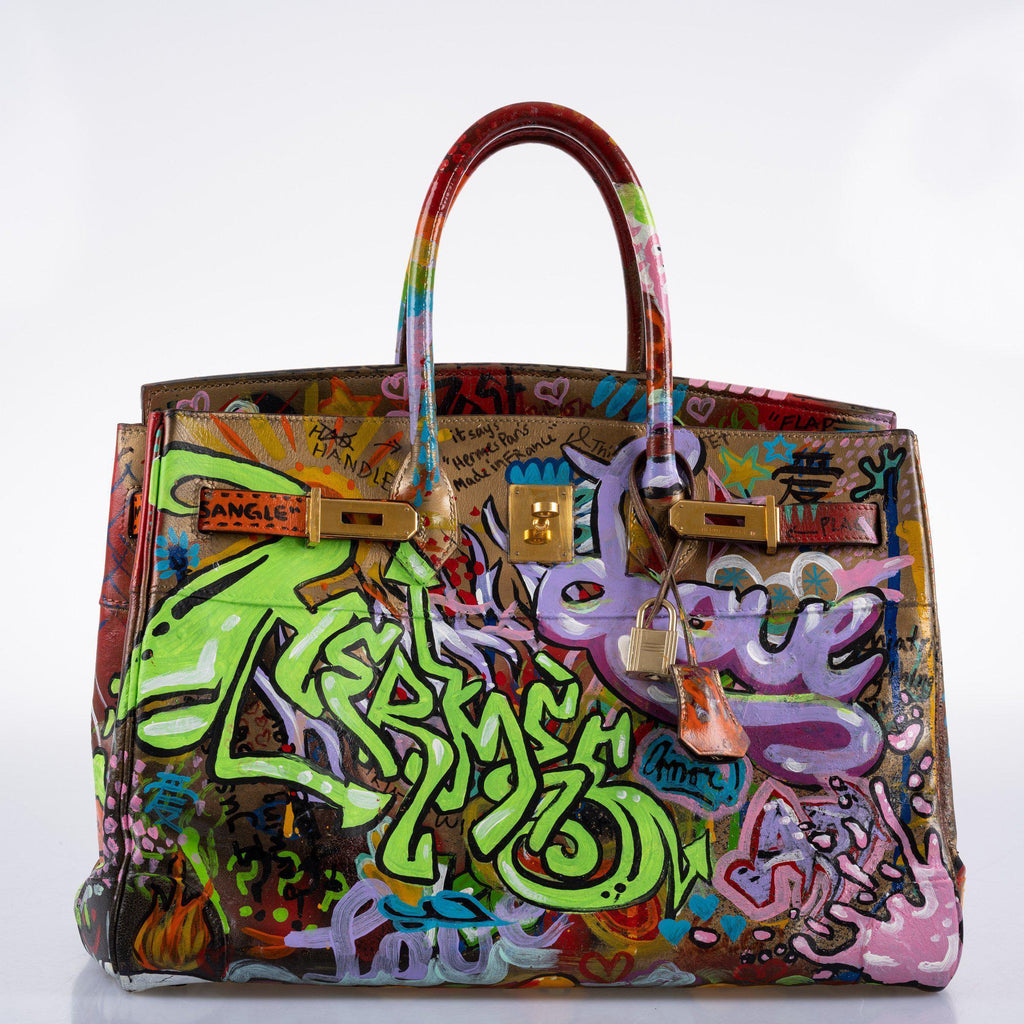 Vintage Hermes ‘Graffiti’ Birkin 35 Custom Painted Box Leather with Gold Hardware