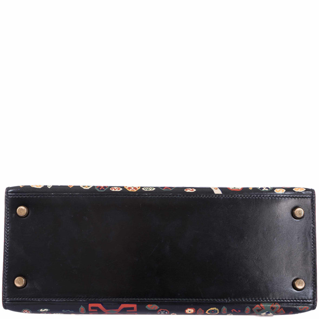 Vintage Hermes Kelly 28 Sellier Black Box Painted "Qashqai" Design with Gold Hardware