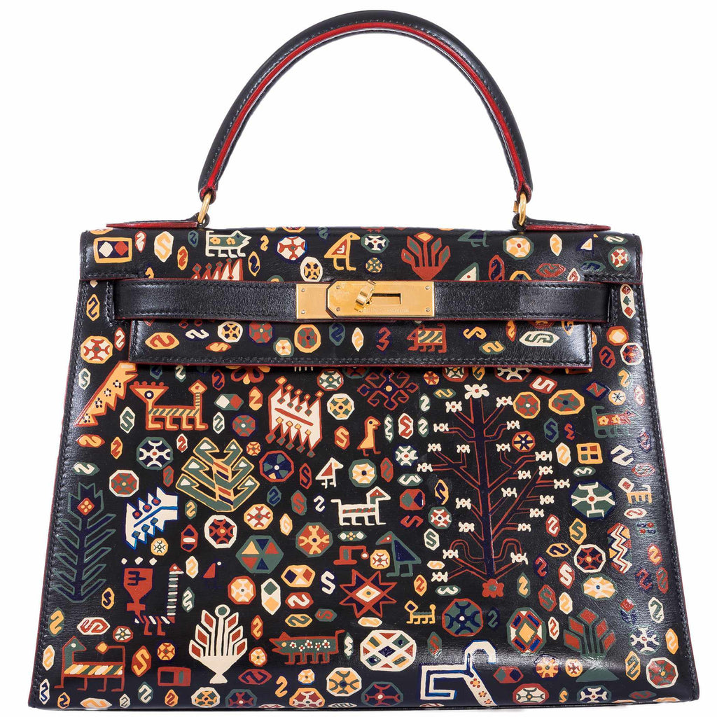 Vintage Hermes Kelly 28 Sellier Black Box Painted "Qashqai" Design with Gold Hardware