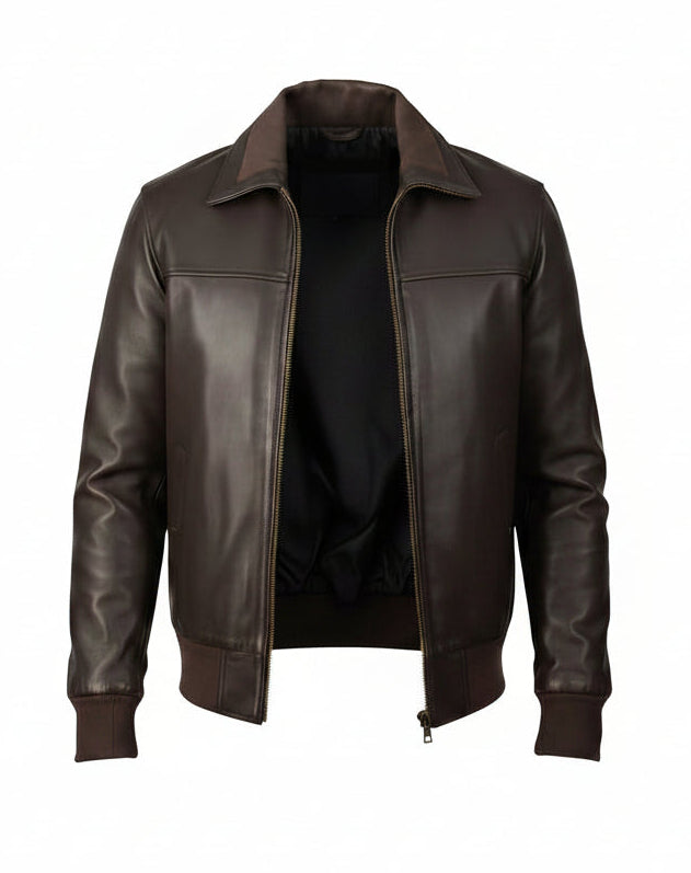 Classic Brown Leather Bomber Jacket