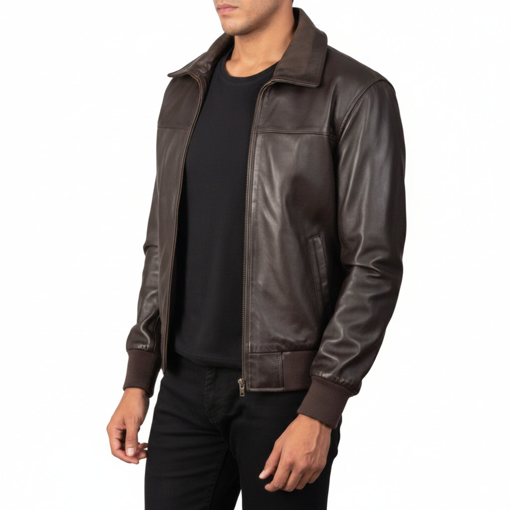 Classic Brown Leather Bomber Jacket