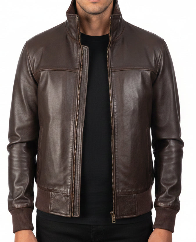 Classic Brown Leather Bomber Jacket